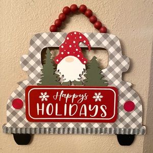 Christmas Gnome Wall Hanging Decor Sign With Beaded Hook, Happy Holidays